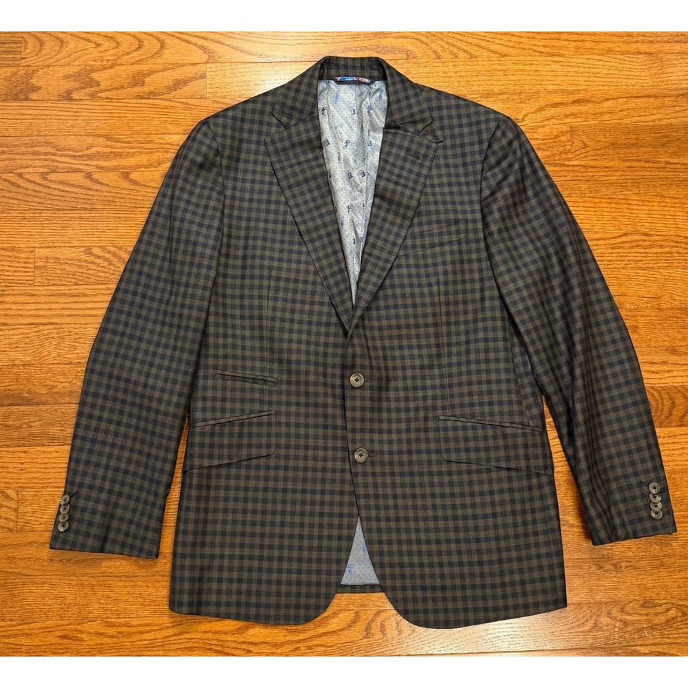 Robert Graham Blazer Sport Coat Mens 42R Wool Brown Navy Gingham Check Jacket